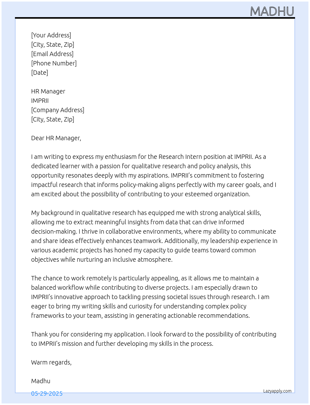 Research intern At IMPRII Cover Letter