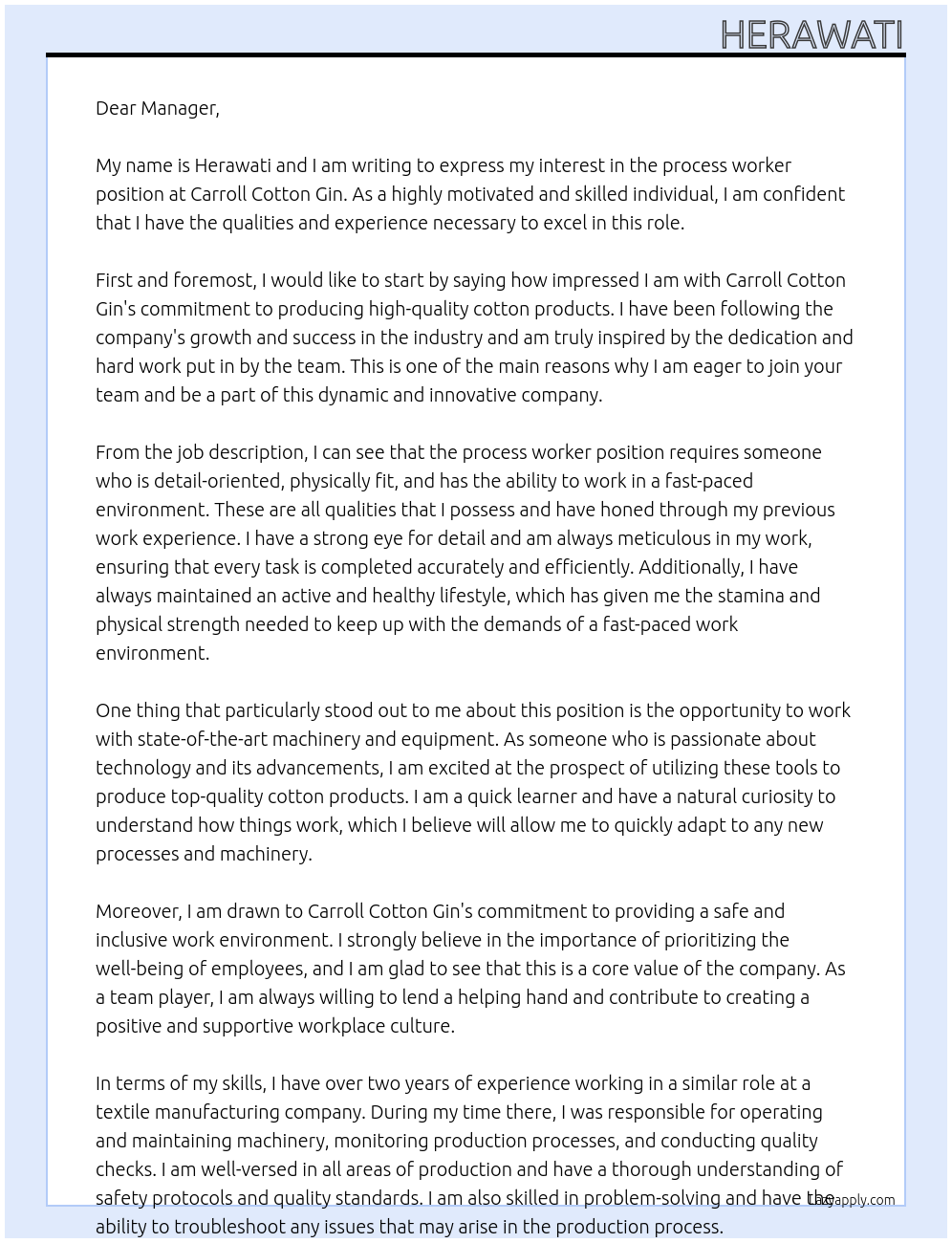 process worker At Carroll Cotton Gin Cover Letter