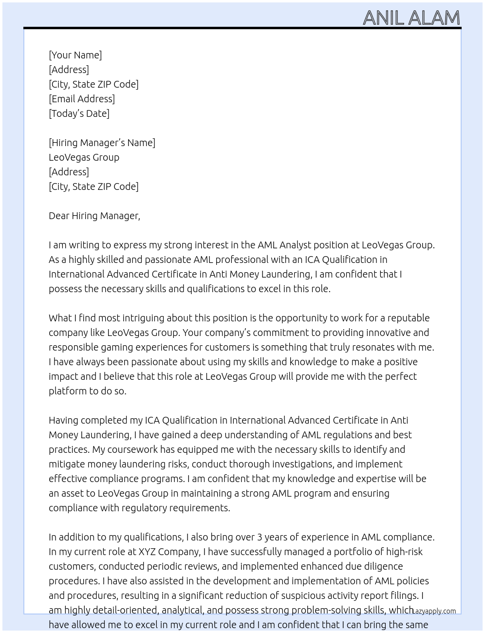AML Analyst At LeoVegas Group Cover Letter