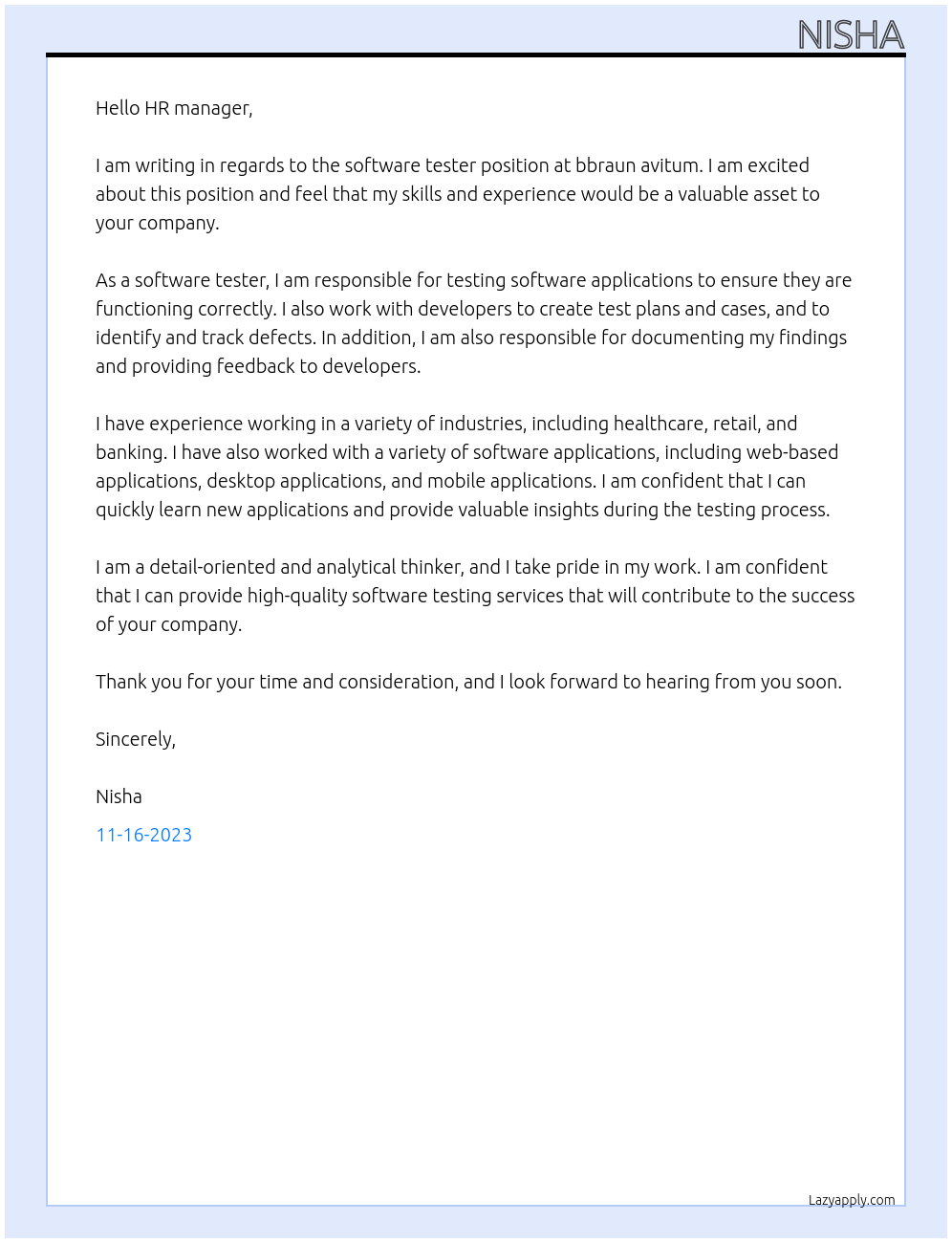 software tester At bbraun avitum Cover Letter