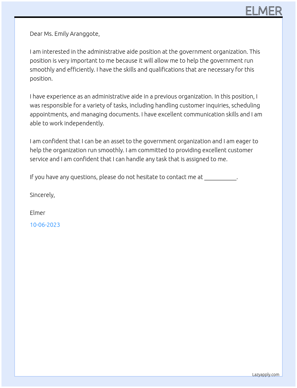 Administrative aide At Government Organozation Cover Letter