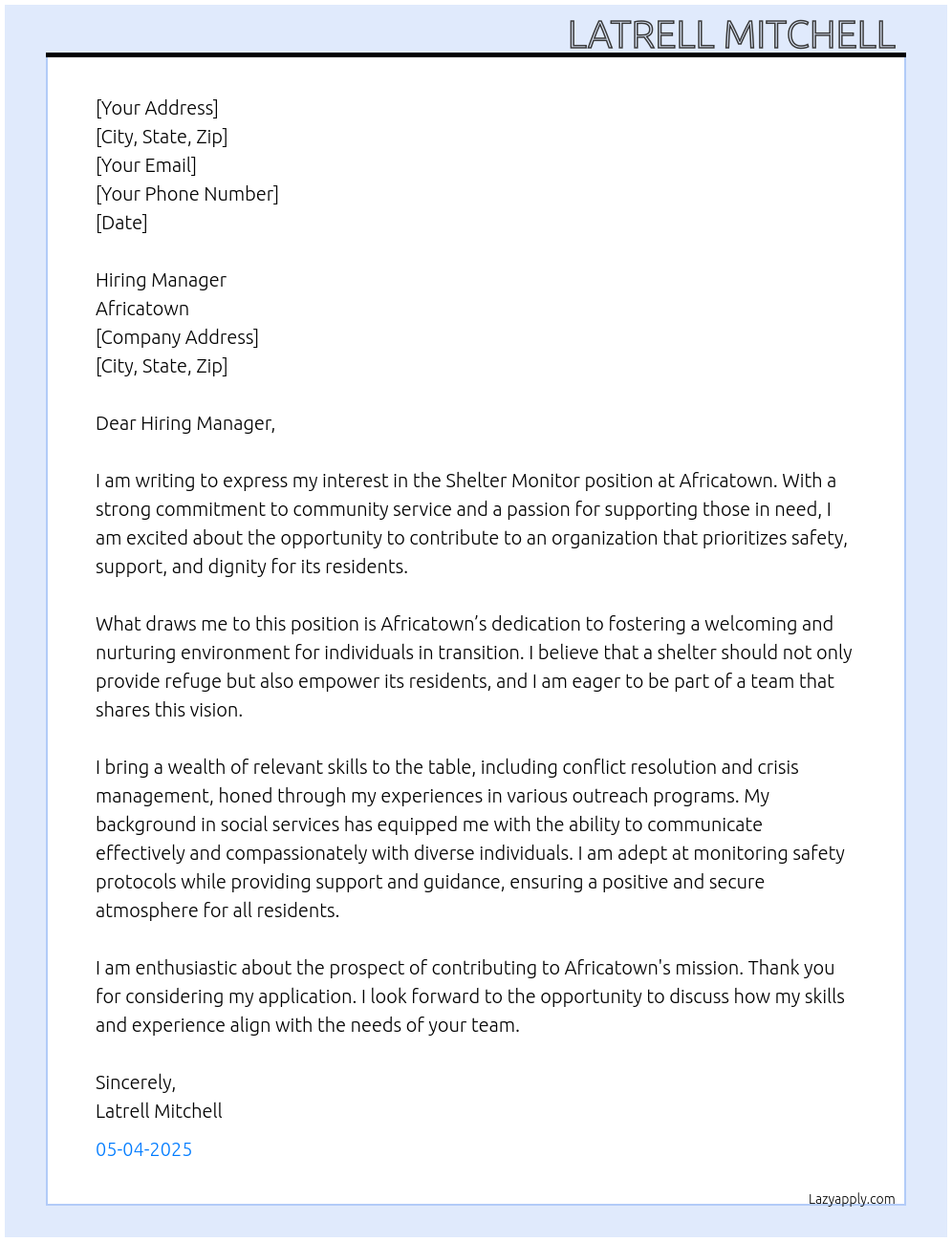 Shelter Monitor At Africatown Cover Letter