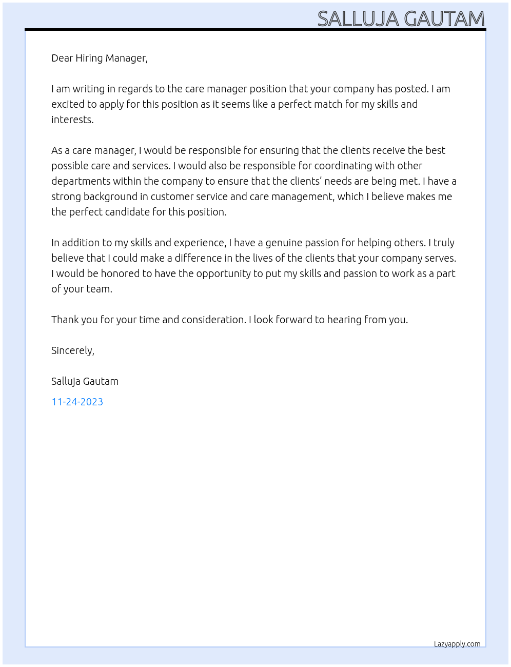 care manager At xxx Cover Letter