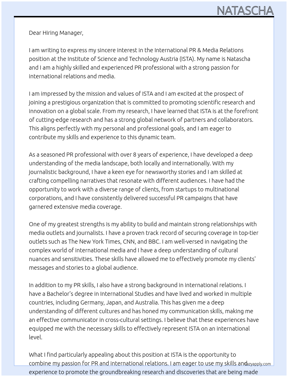 Cover letter for international pr & media relations - LazyApply