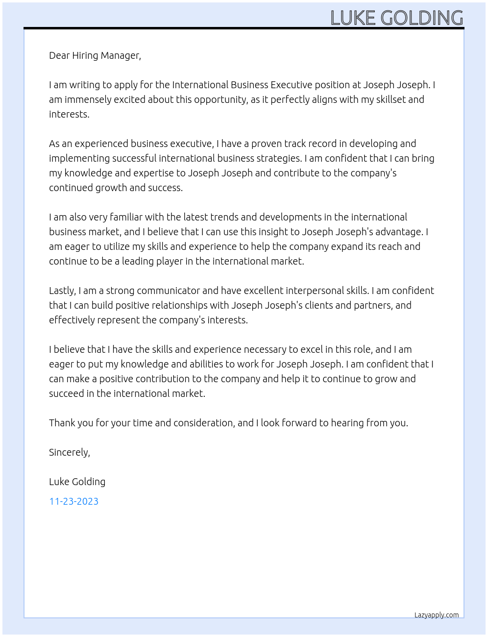 International business executive  At Joseph Joseph Cover Letter