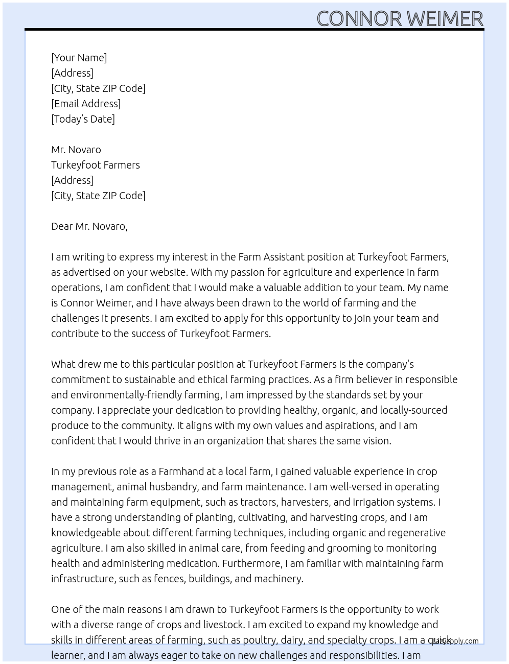 Farm Assistant At Turkeyfoot Farmers Cover Letter