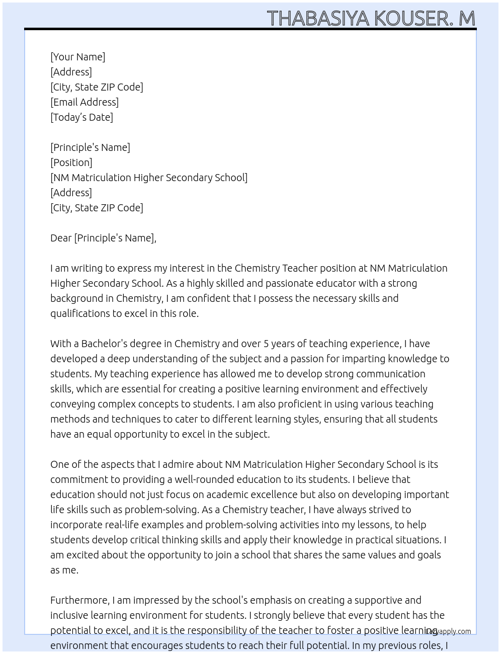 Chemistry teacher  At NM Matriculation Higher Secondary School  Cover Letter