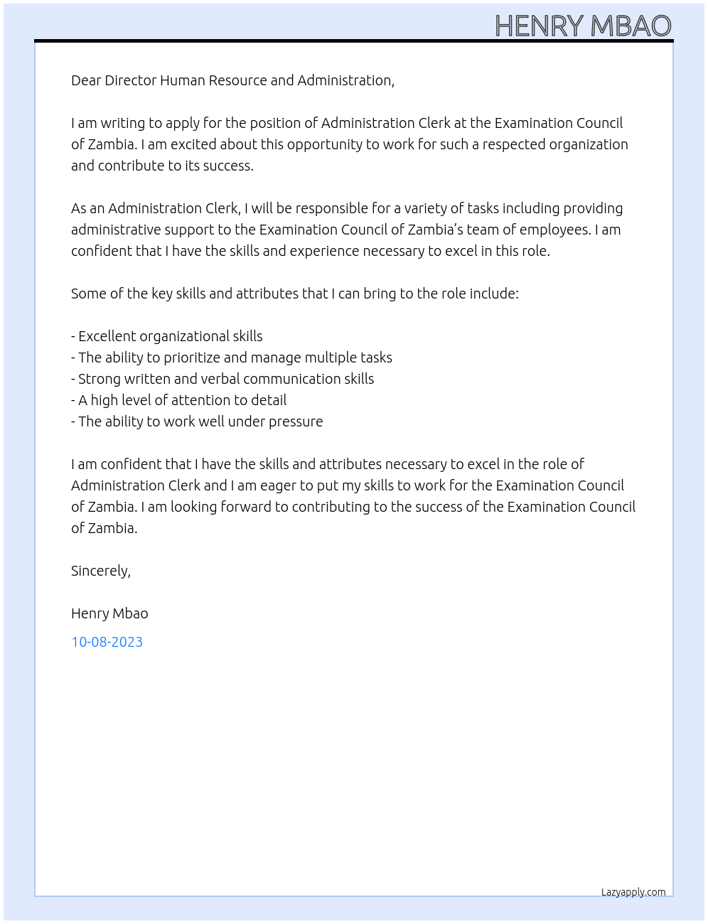 Administration Clerk At examination council of zambia Cover Letter