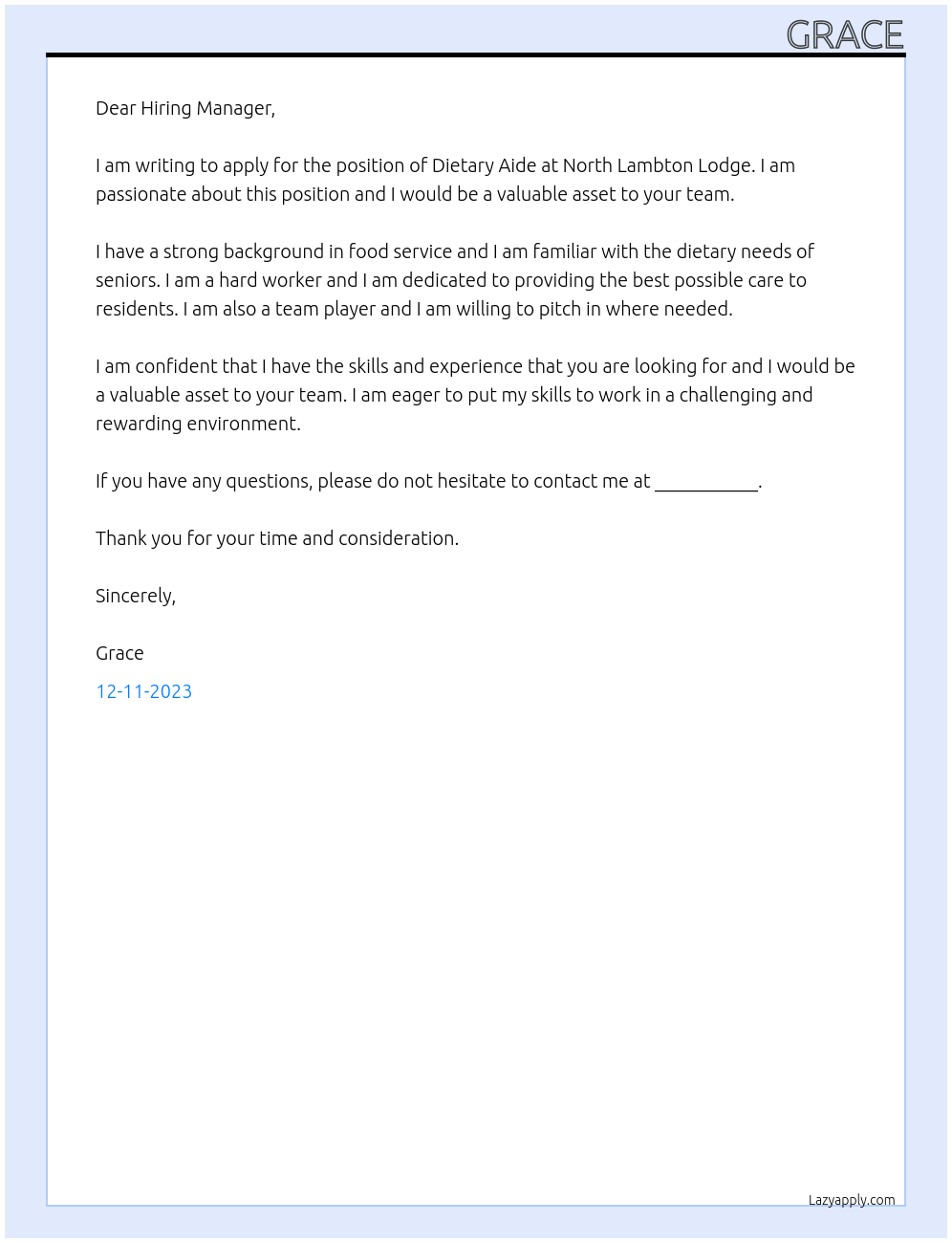 Dietary Aide At North Lambton Lodge Cover Letter