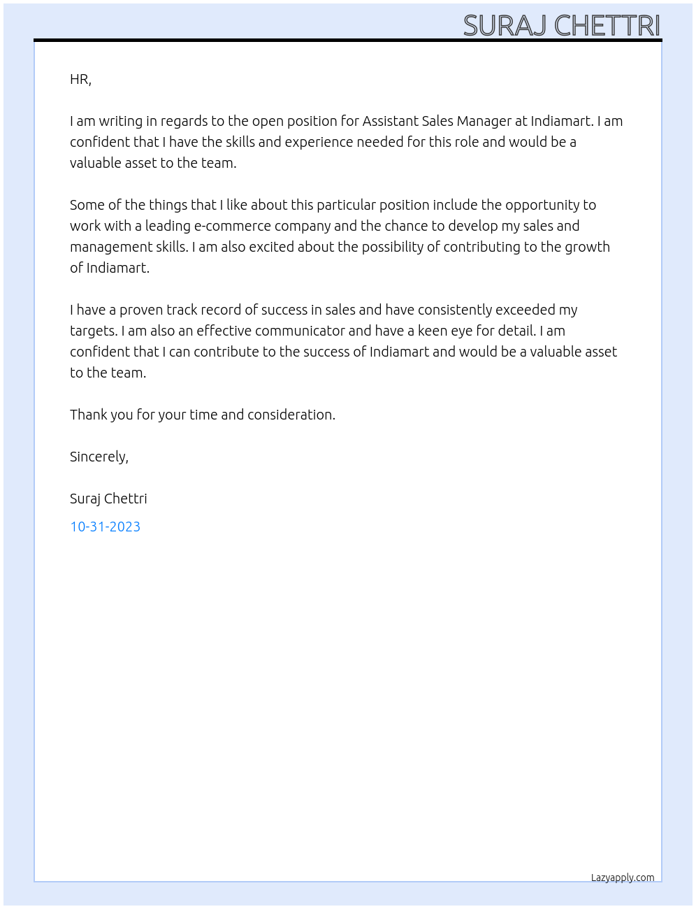 Assistant Sales Manager At Indiamart Cover Letter