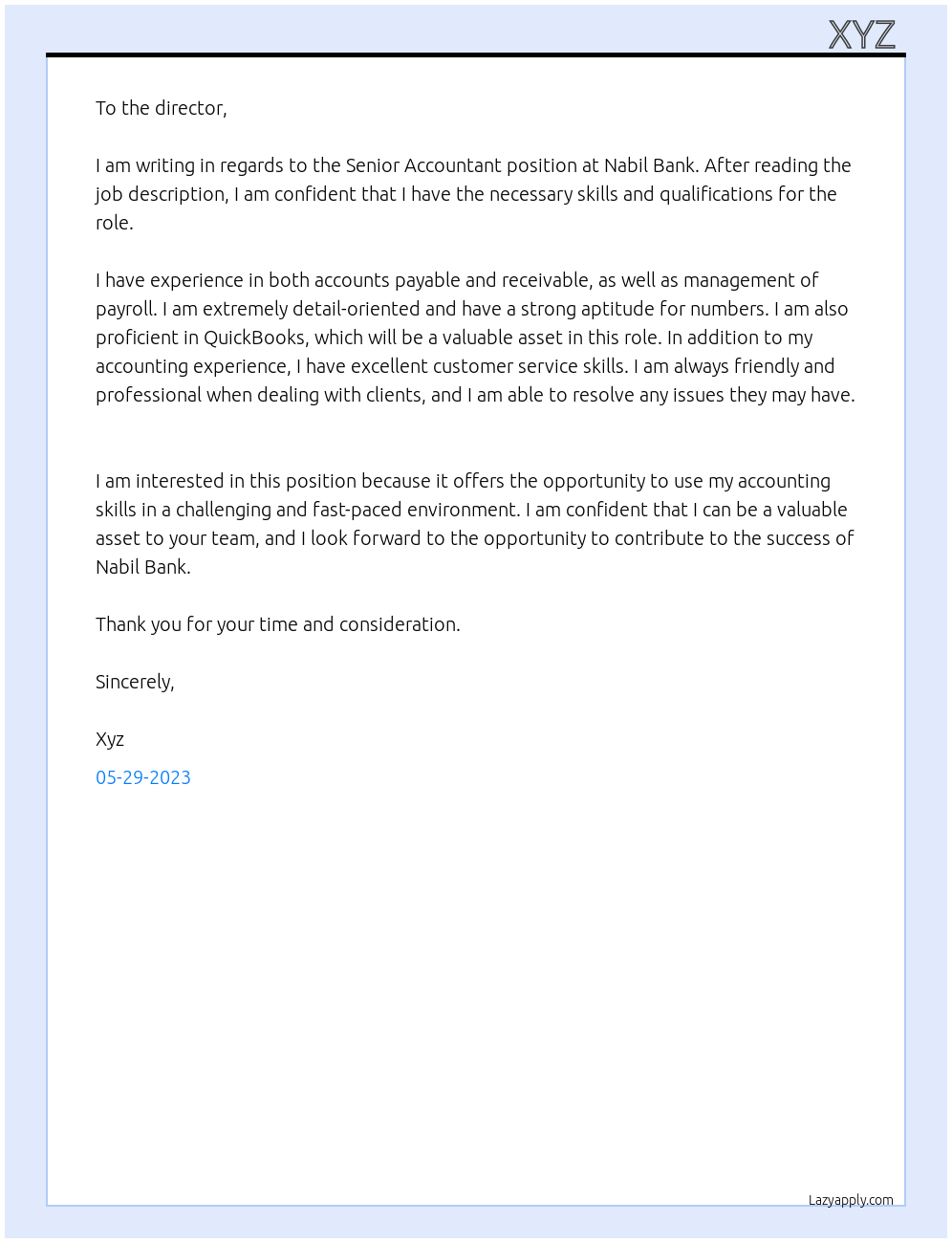 Senior Accountant At Nabil Bank Cover Letter