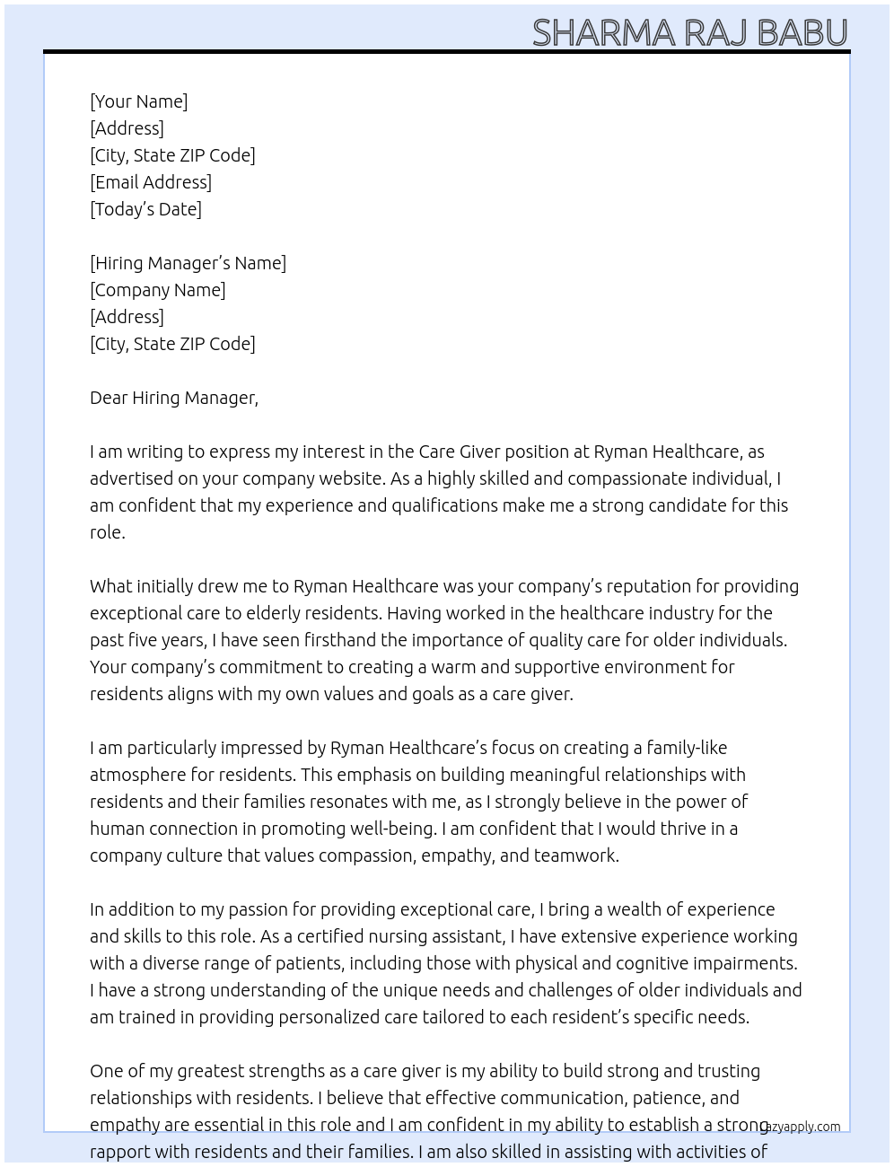 care giver At Ryman Healthcare Cover Letter