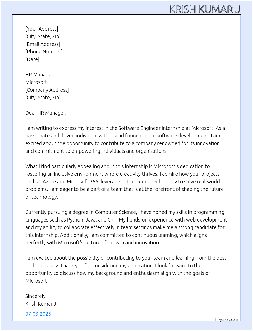 Cover letter for software engineer internship - LazyApply
