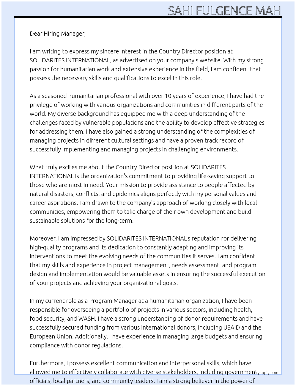 Country Director At SOLIDARITES INTERNATIONAL Cover Letter