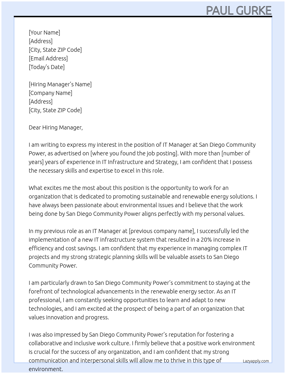 IT Manager At San Diego Community Power Cover Letter
