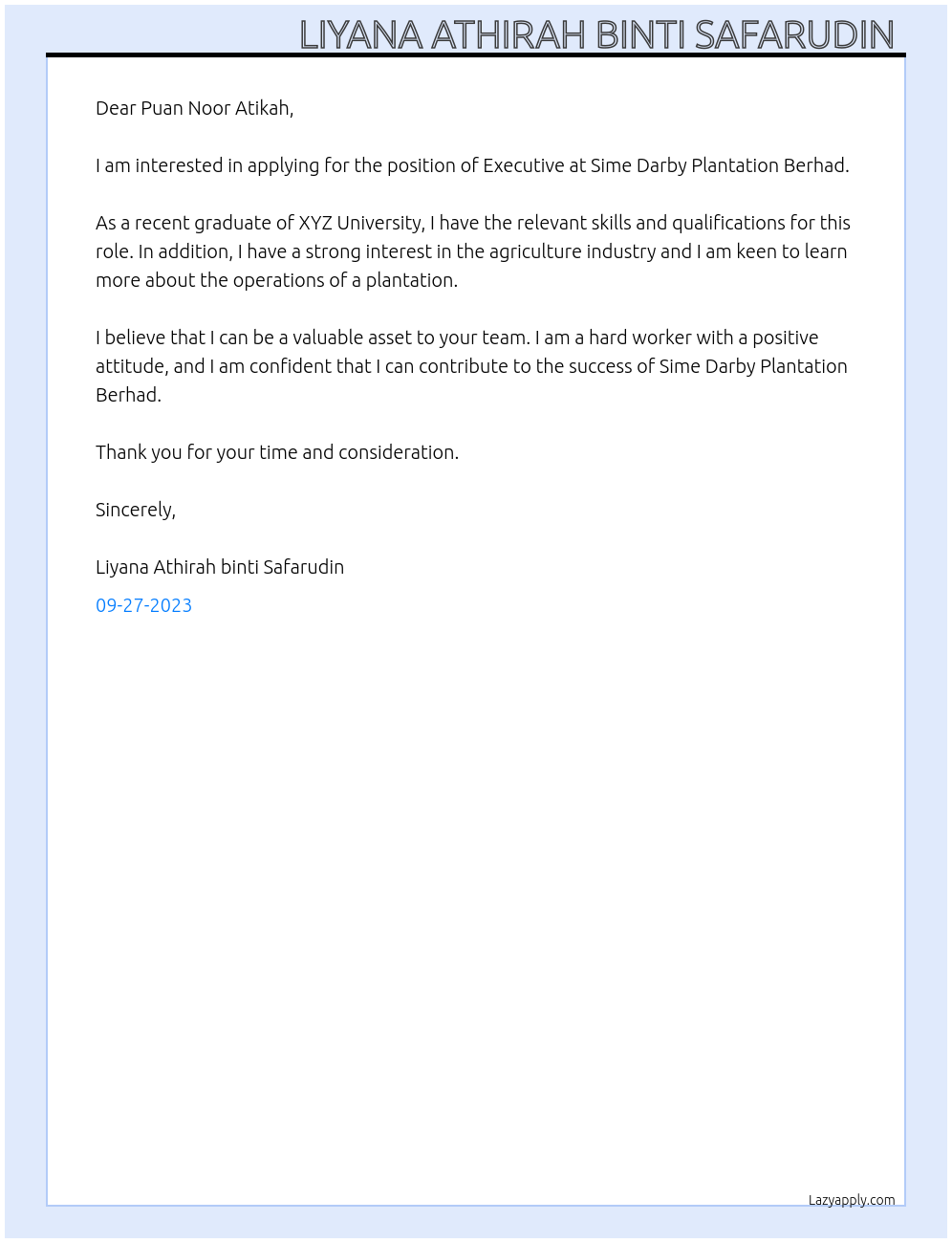 Executive At Sime Darby Plantation Berhad Cover Letter