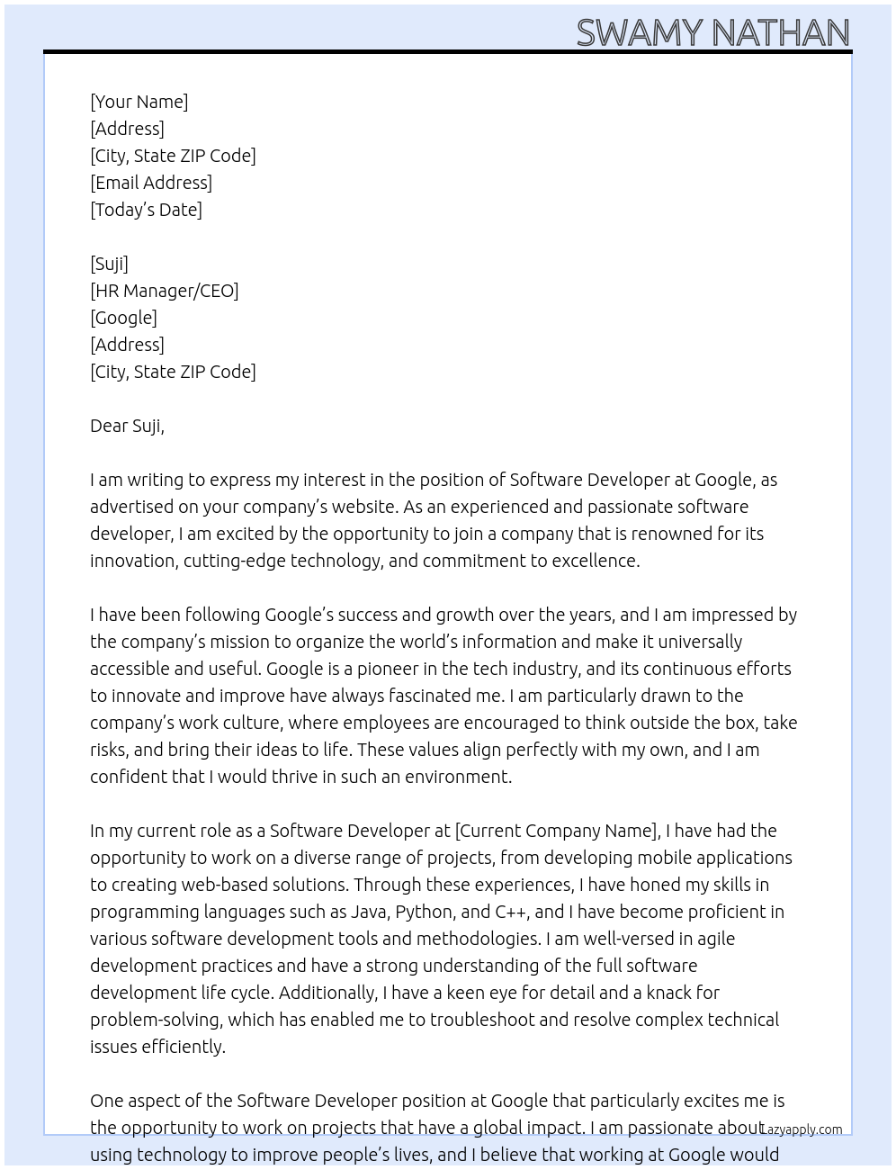 Software developers  At Google  Cover Letter