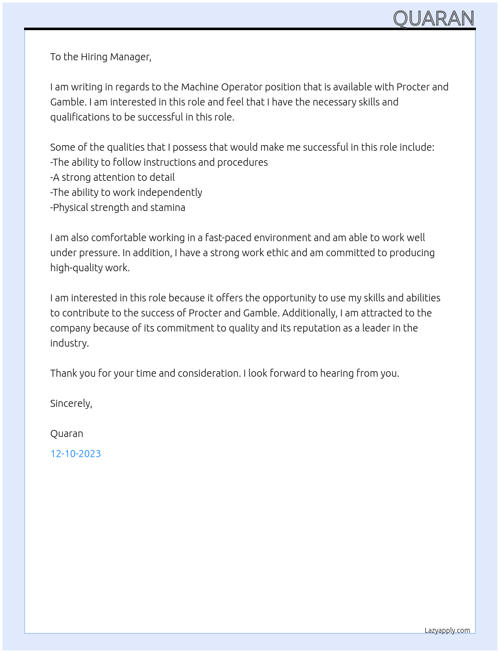 Machine Operator At Procter and Gamble Cover Letter