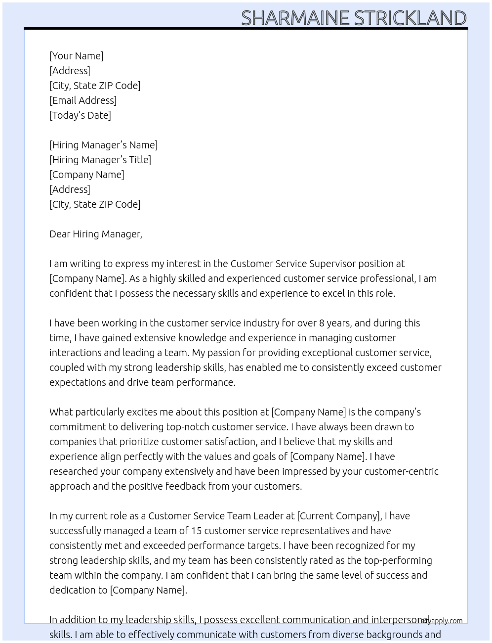 Customer Service Supervisor At (Said Company) Cover Letter