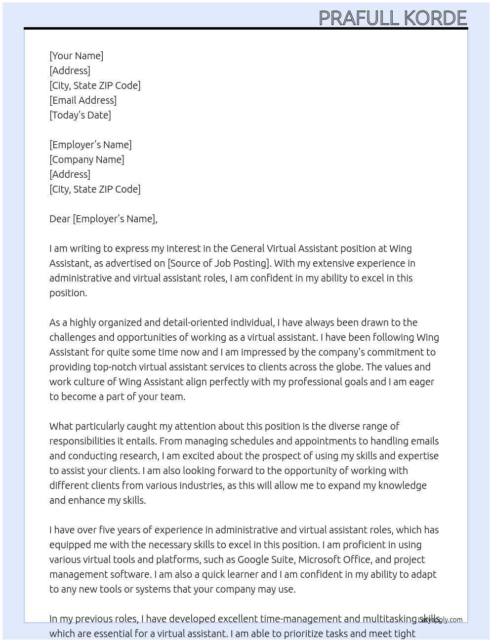 General Virtual Assistant At Wing Assistant Cover Letter