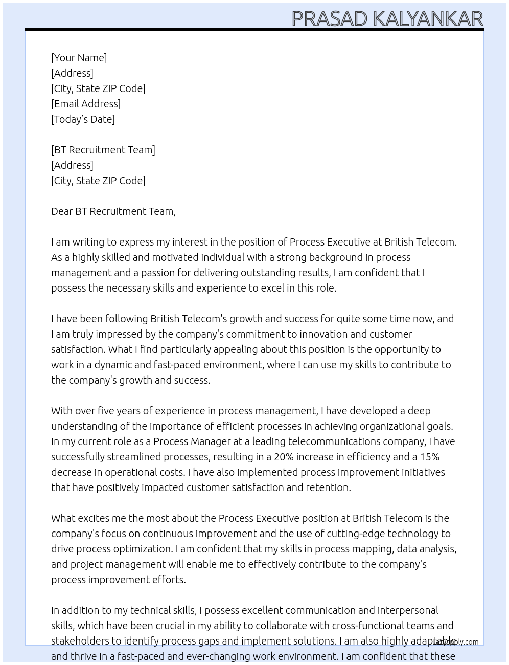 Process Executive At British Telecom Cover Letter