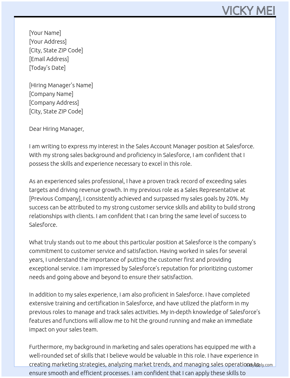 Sales Account Manager At Salesforce Cover Letter