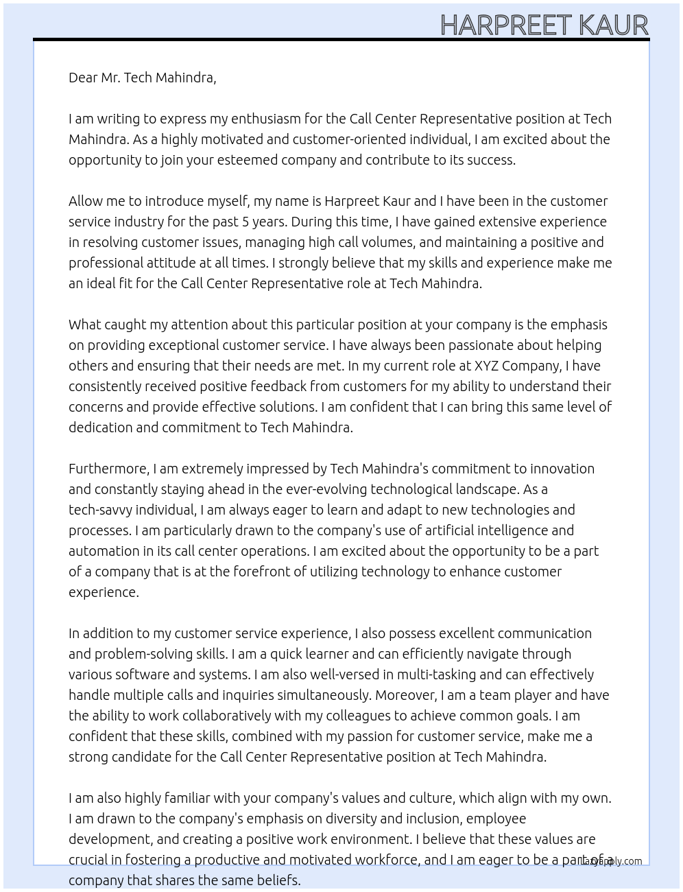 Call center representative At Tech mahindra Cover Letter