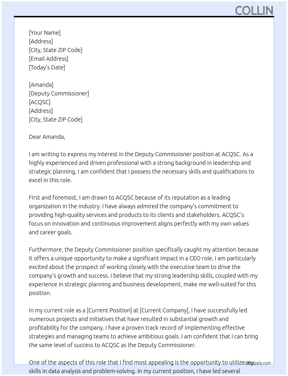 Deputy Commissioner At ACQSC Cover Letter