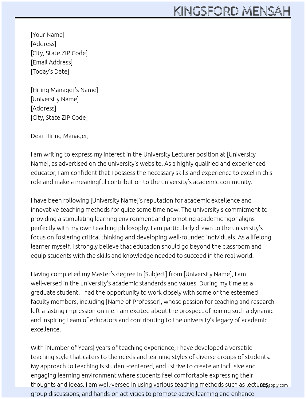 Cover letter for university lecturer - LazyApply