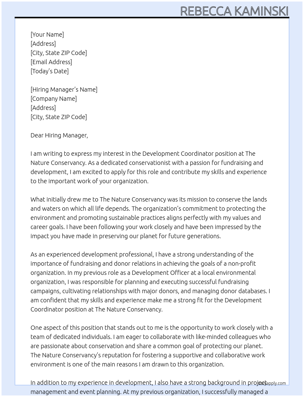 Development Coordinator At The Nature Conservancy Cover Letter