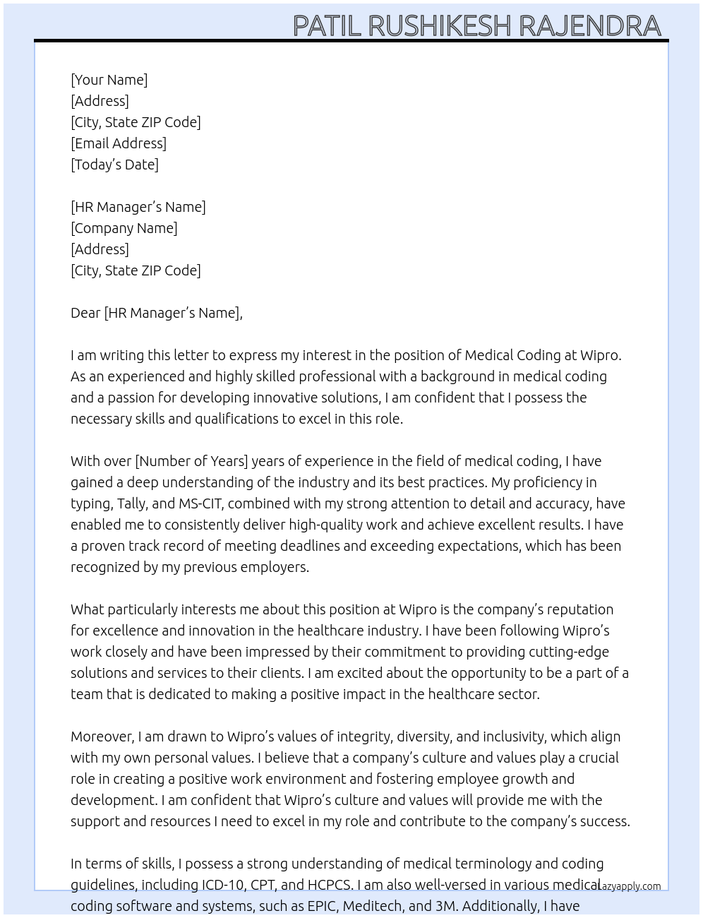 Medical coding At Wipro Cover Letter