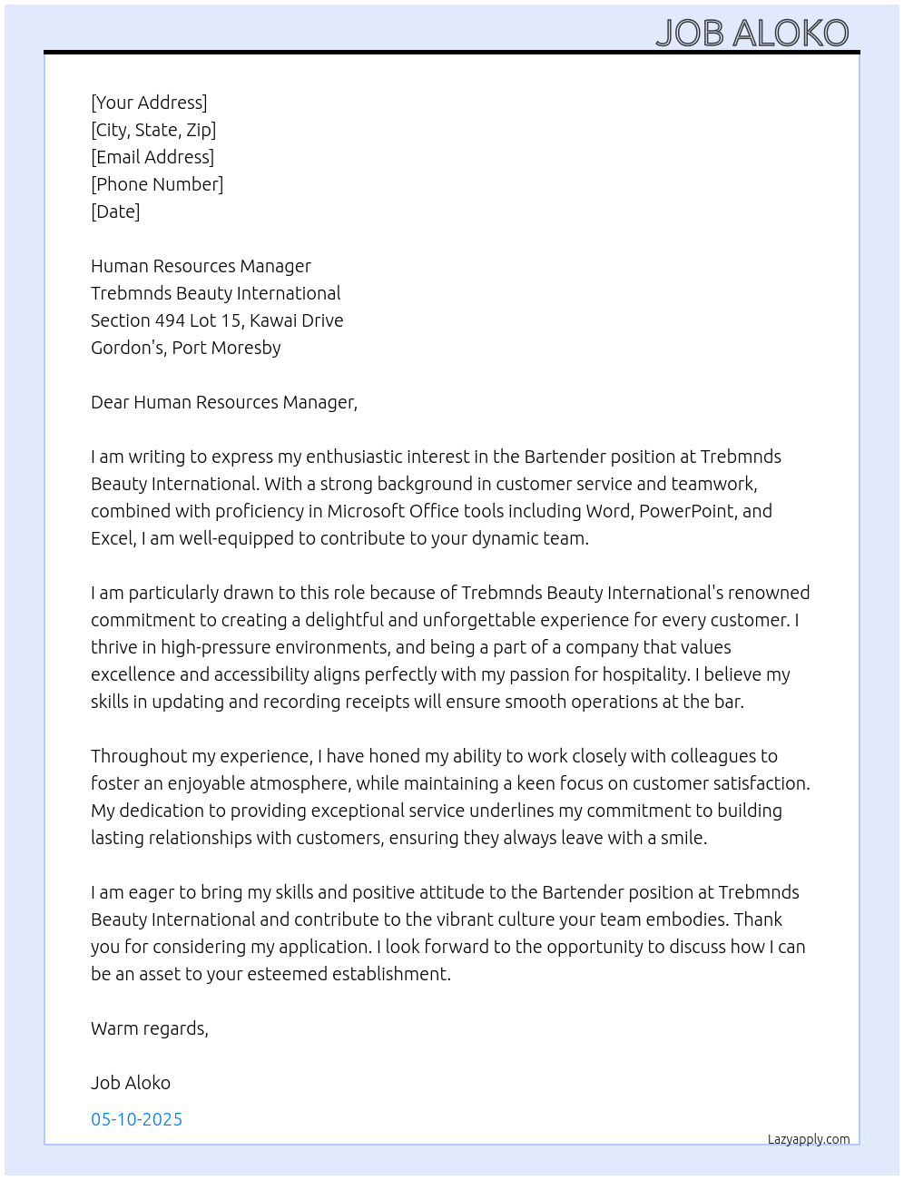 Bartender At Trebmnds Beauty International Cover Letter