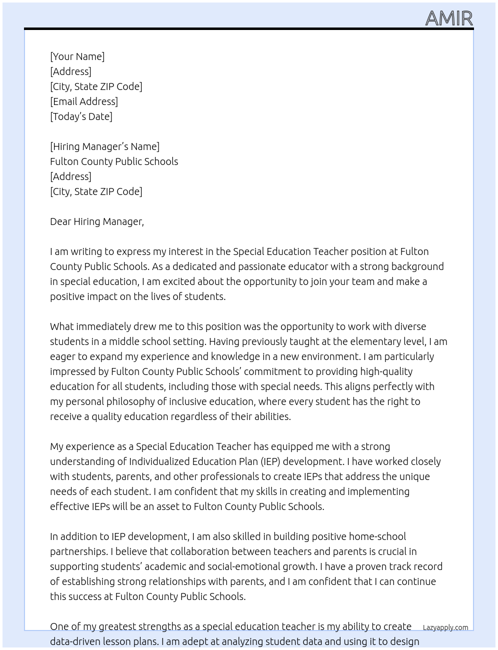 Special education teacher At Fulton County Public Schools Cover Letter