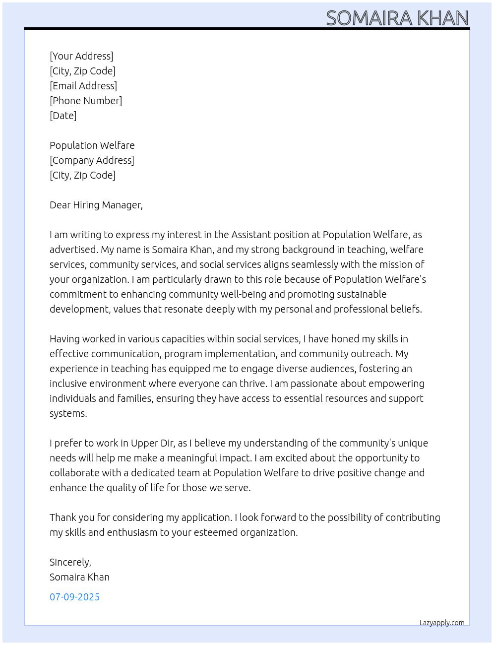 assistant At population welfare Cover Letter