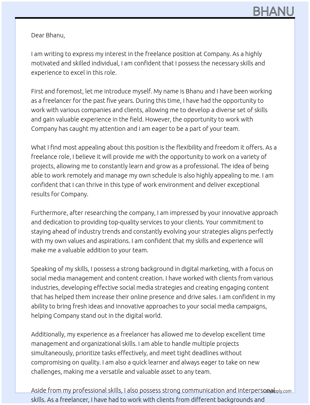 Freelance  At Company  Cover Letter