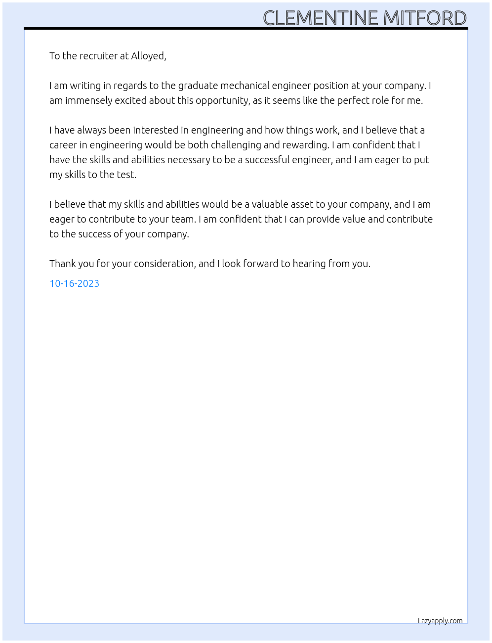graduate mechanical engineer At alloyed Cover Letter