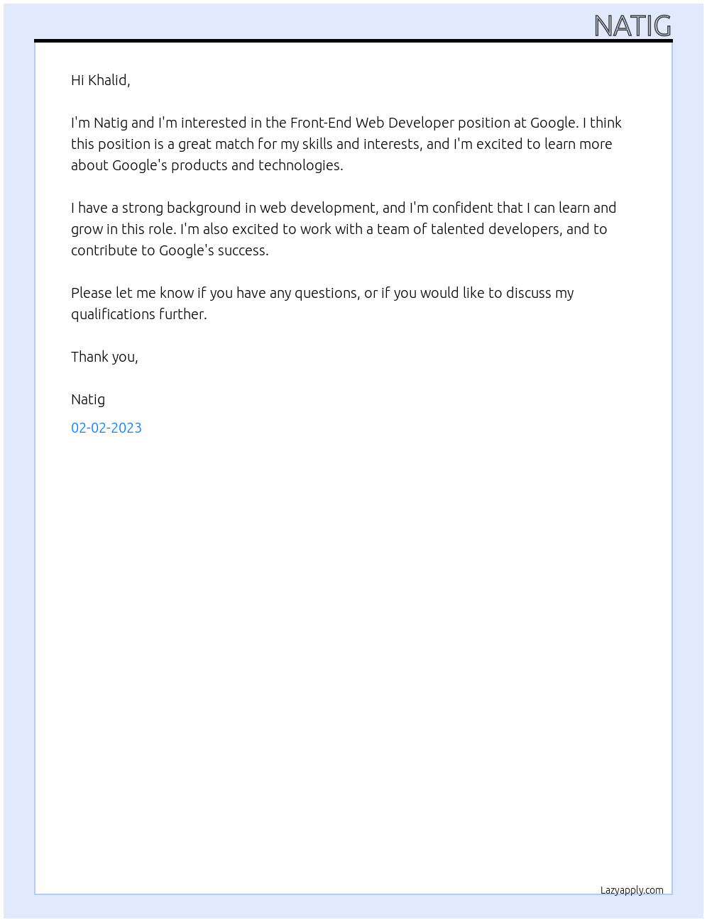 Cover letter for frontend web developer - LazyApply