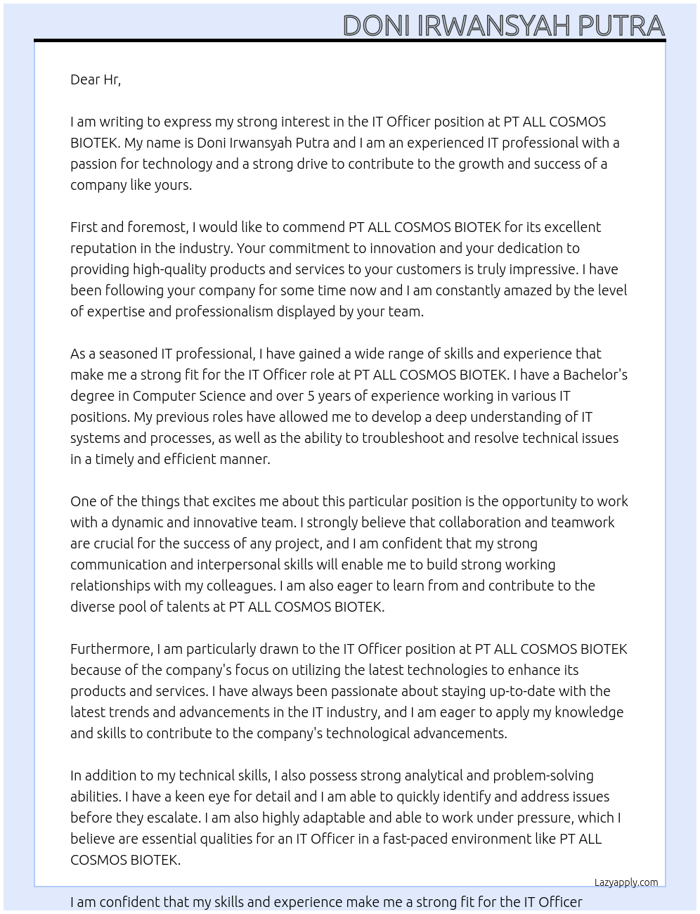 IT OFFICER At PT ALL COSMOS BIOTEK Cover Letter