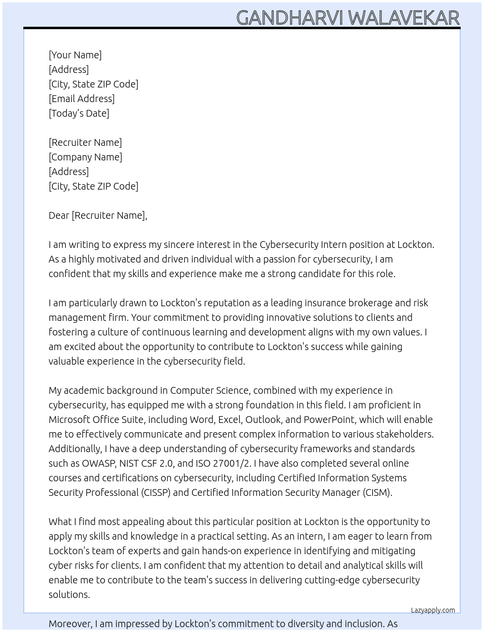 Cybersecurity intern At Lockton Cover Letter