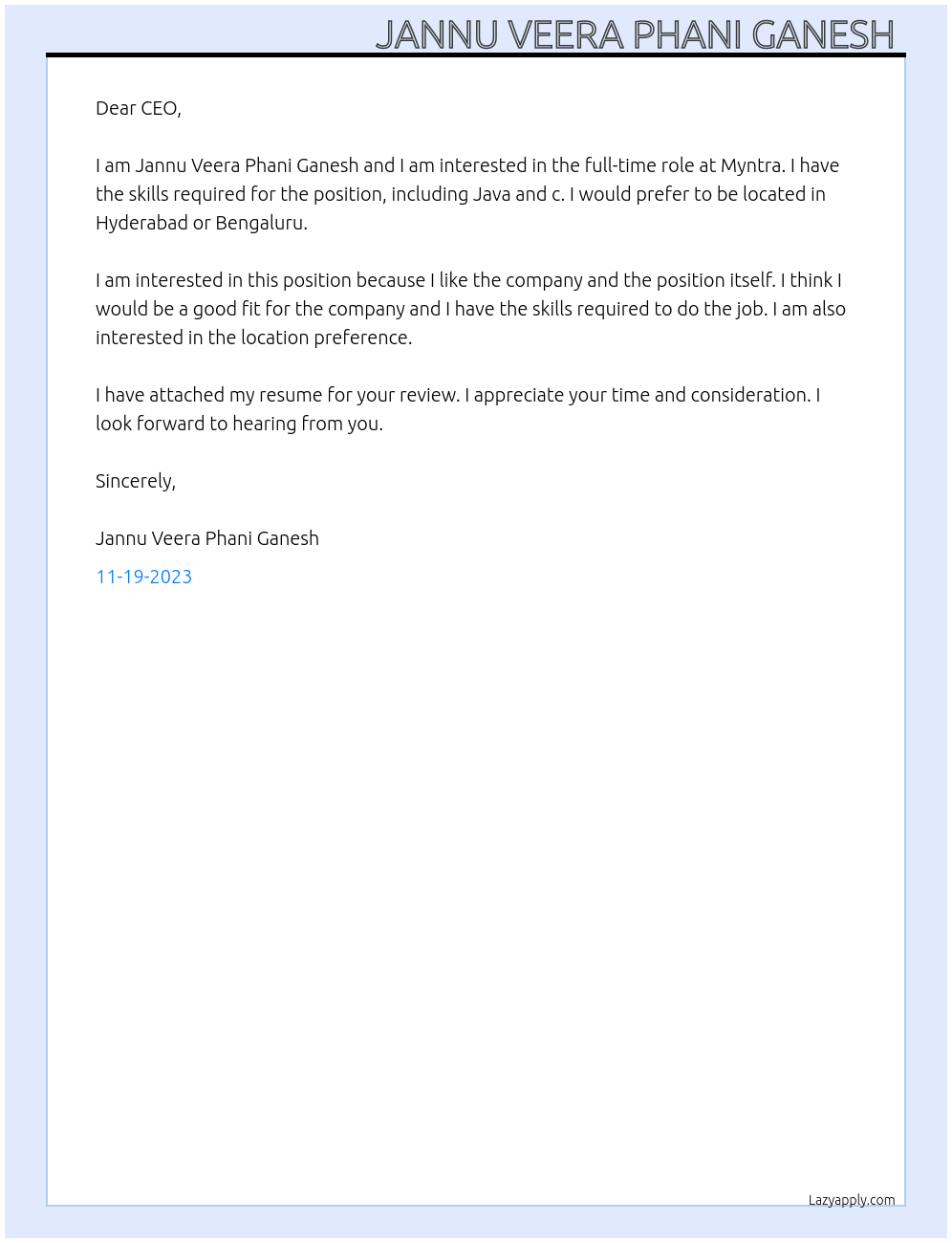 Cover letter At Myntra Cover Letter
