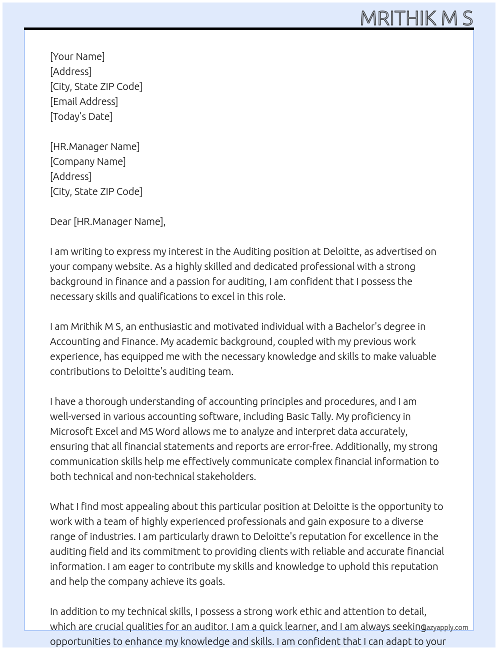 Auditing At Deloitte  Cover Letter