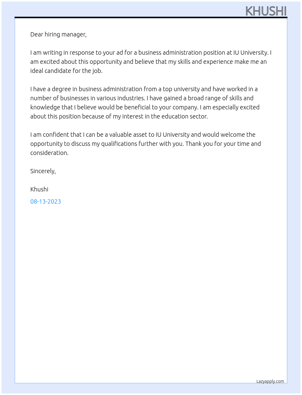 business administration At IU University Cover Letter