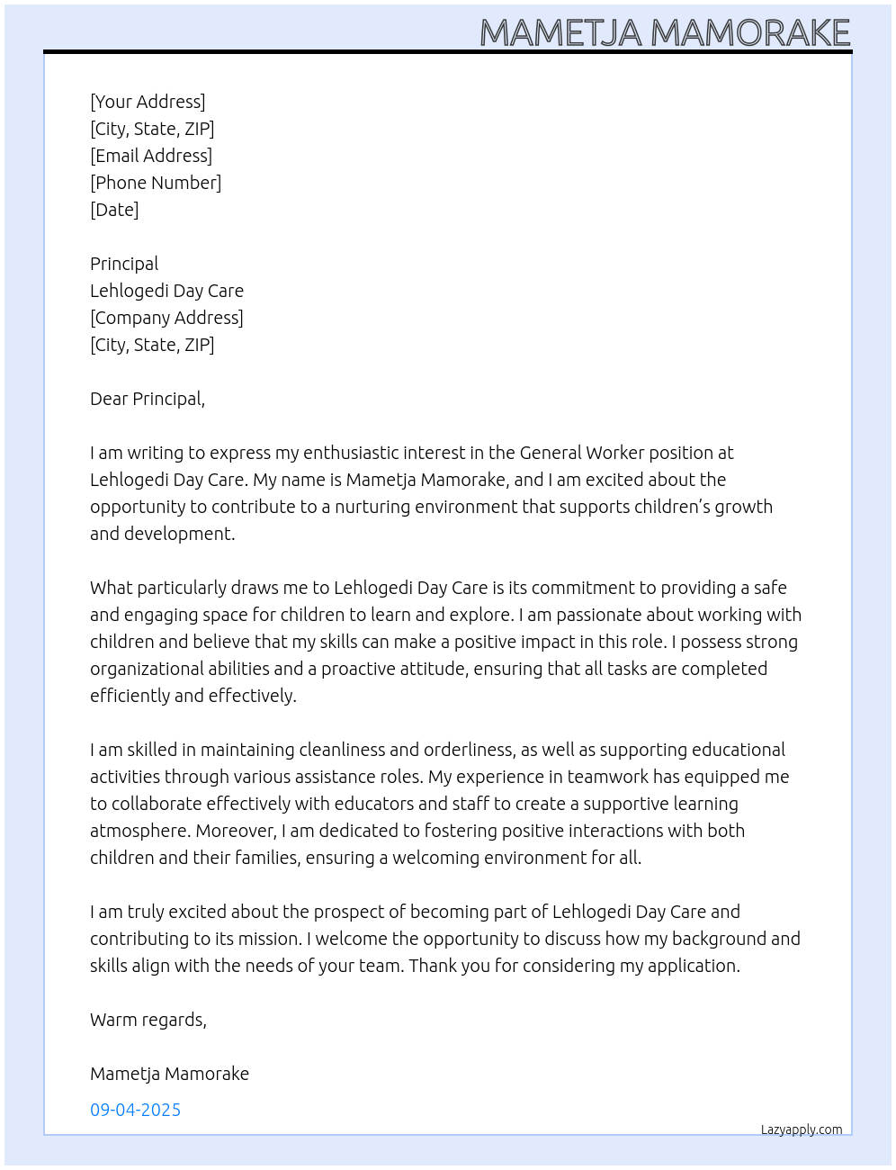 General Worker At Lehlogedi Day Care Cover Letter