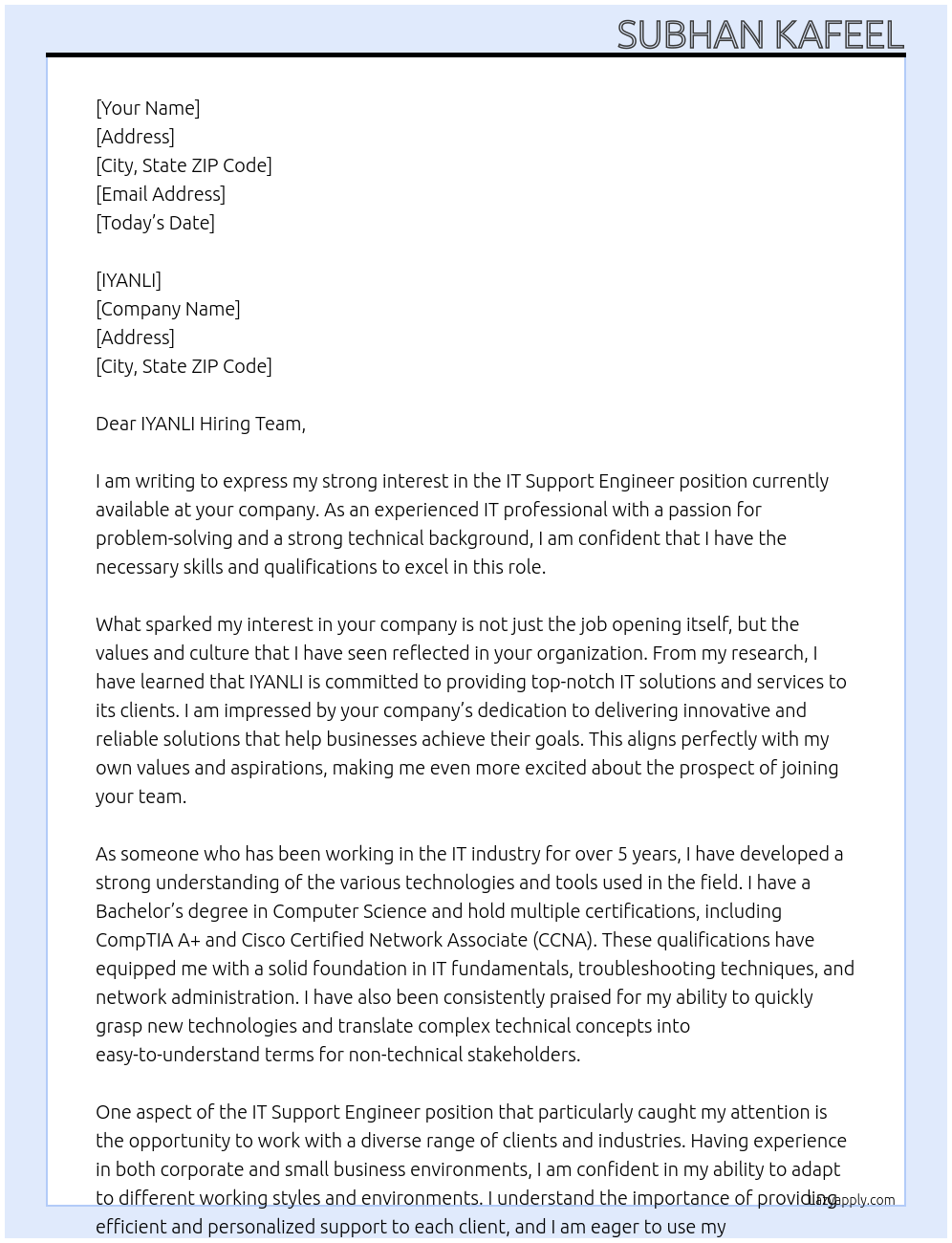 IT support engineer At IYANLI Cover Letter