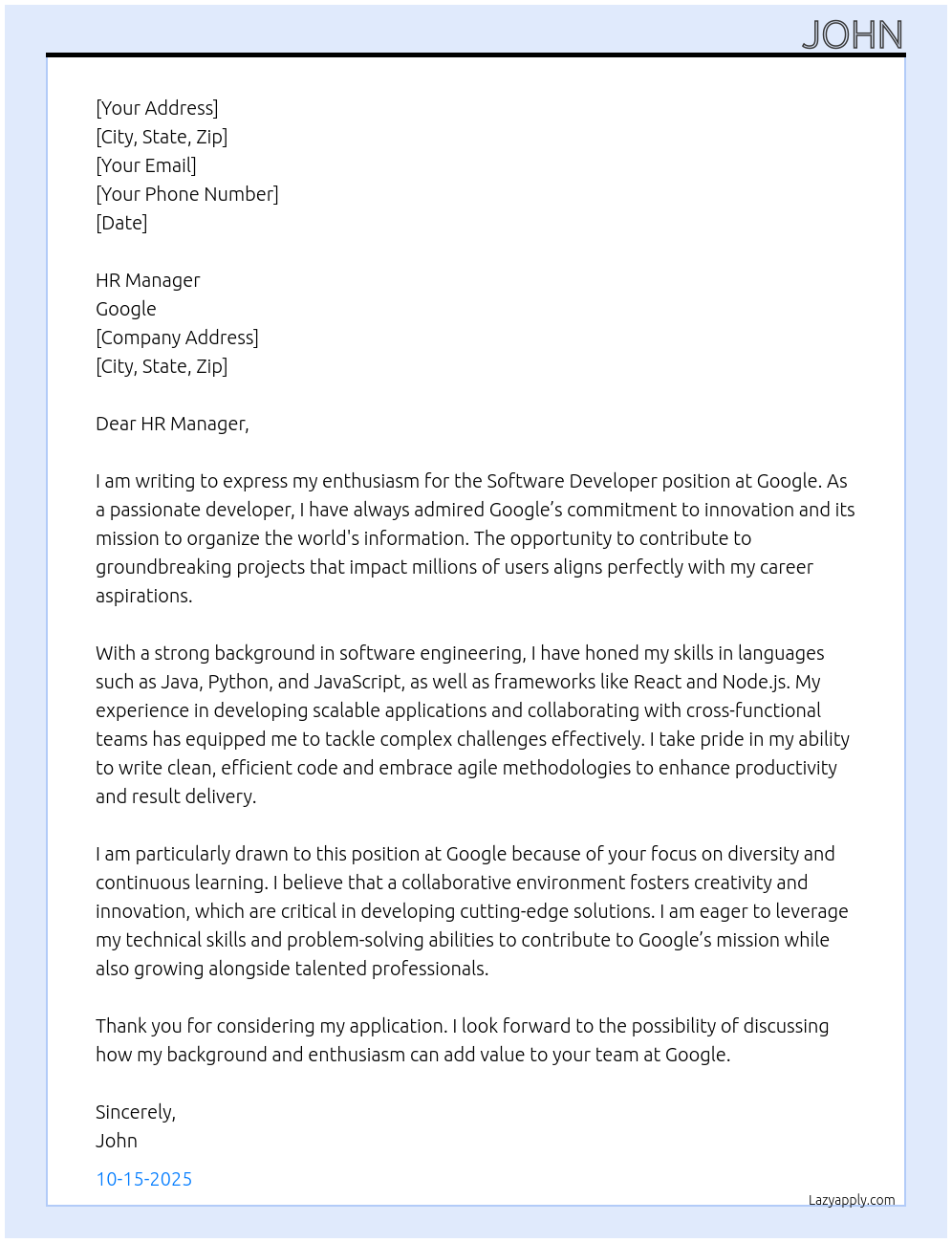 Software developer At Google Cover Letter