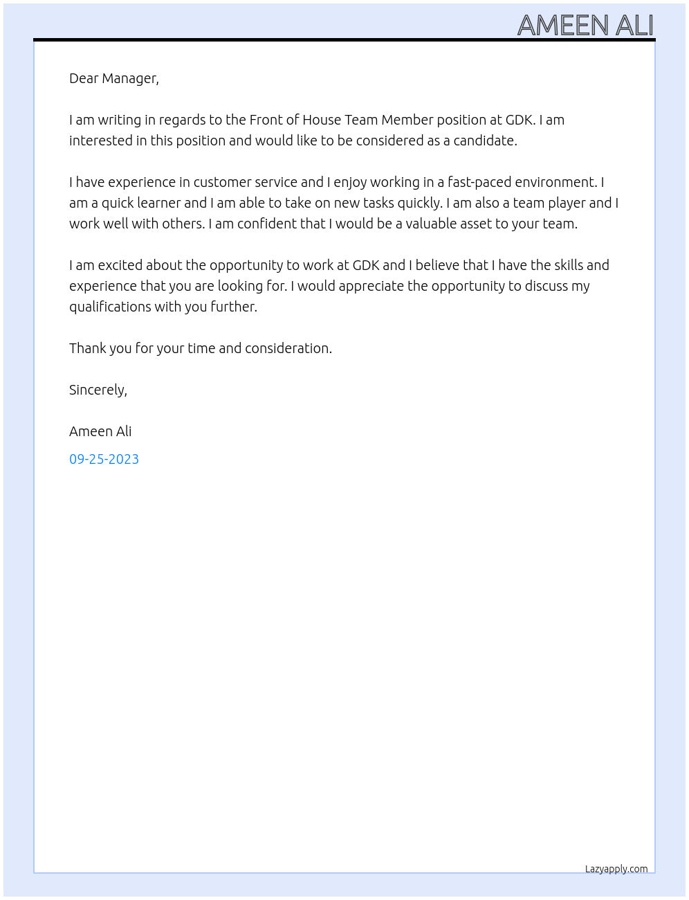 Front of house team member At GDK Cover Letter