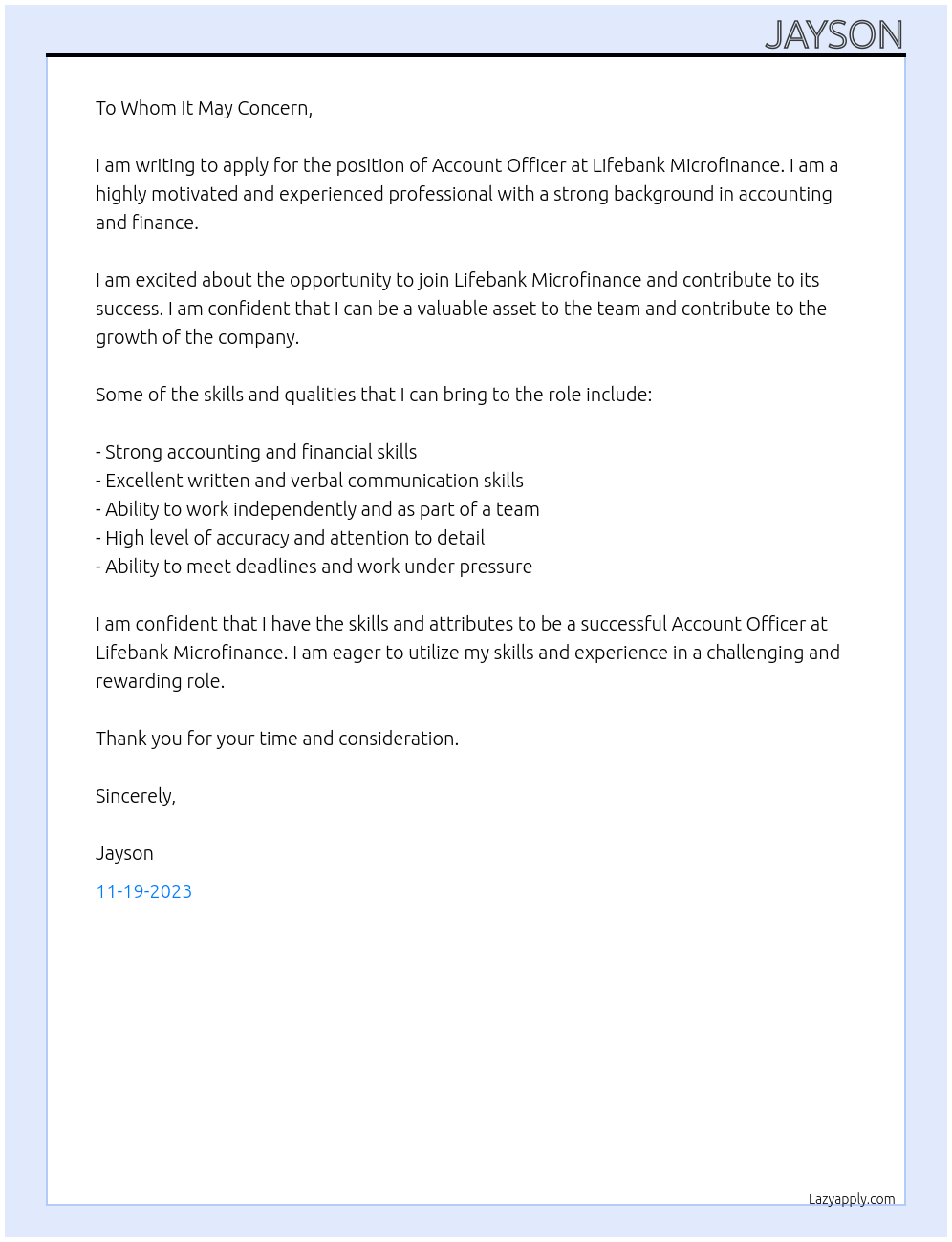 account officer At lifebank microfinance Cover Letter