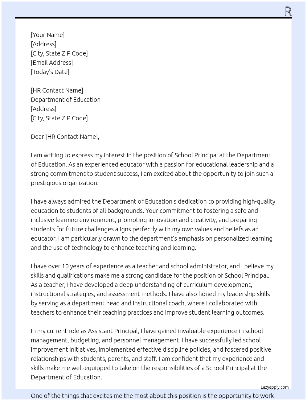 school principal At Department of Education Cover Letter