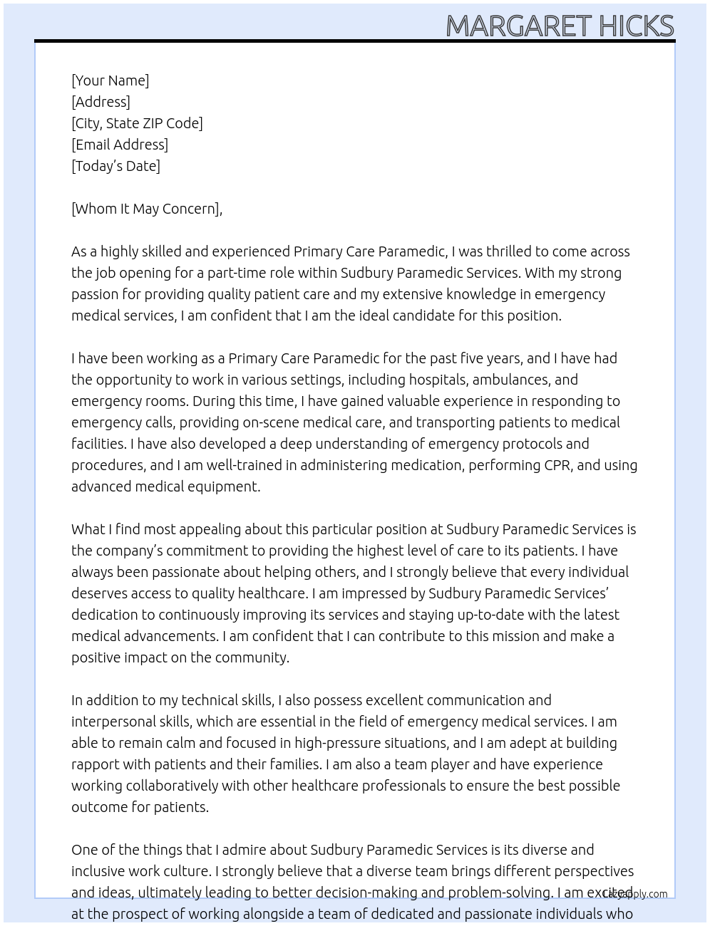 Primary Care Paramedic At Sudbury Paramedic Services Cover Letter