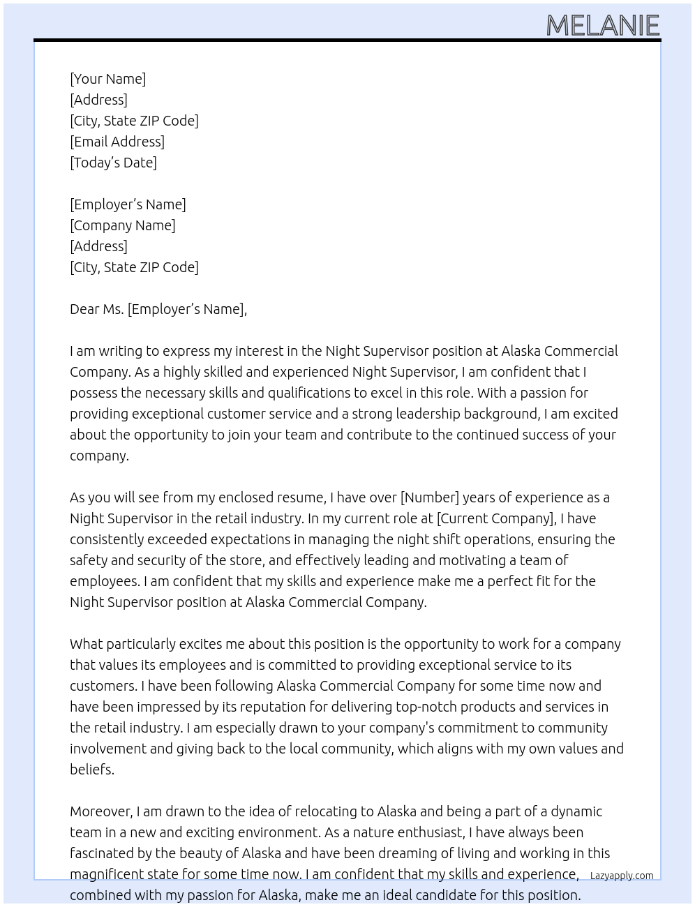 Night supervisor At Alaska commercial company Cover Letter